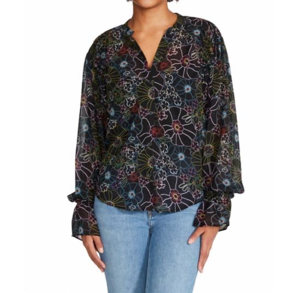 NWT Steve Madden Cameila Black Sheer Floral Button Blouse - Picture 1 of 6